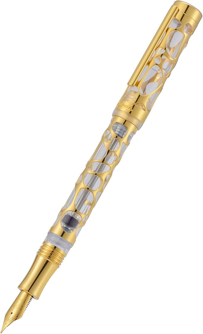 Asvine V169 Vacuum Filling Fountain Pen Medium Nib, Water Drop Skeleton Gold Trim Transparent Clear Acrylic Pen Case Set
