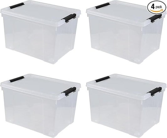50 L Large Plastic Storage Bins with Latching Lids and Wheels, 4-Pack Clear Stackable Boxes for Closet, Garage