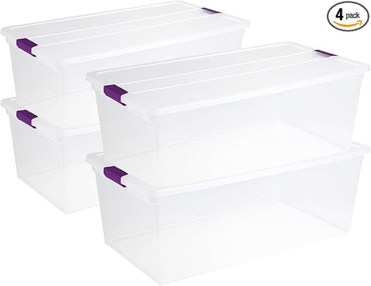 Sterilite 4-Pack 110 Quart ClearView Latch Box, Stackable Organizer Bins with Latching Lids - Clear Plastic Organization Containers for Closet, Bedroom, Shelving Units and Everyday Home Storage