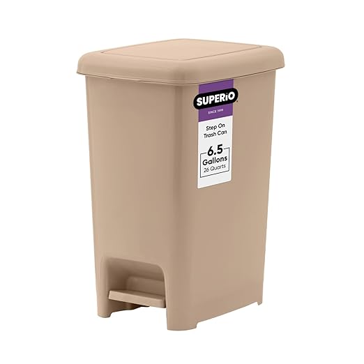Superio Slim Step On Trash Can, Beige Waste Bin with Foot Pedal Lid 26 Liter, Kitchen, Under Desk, Office, Bedroom, Bathroom (1, 6.5 Gallon)