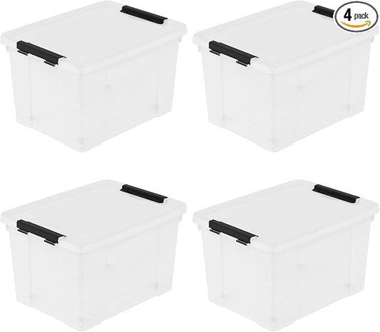 Set of 4 Plastic Latch Storage Bins with Wheels, 23 L Clear Latch Boxes with Stackable Lids