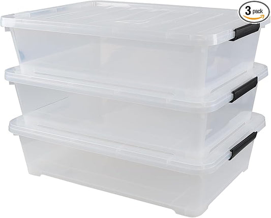 3-Pack 50 Quart Under the Bed Low Profile Storage Boxes, Large Under Bed Storage Bin with Easy Rolling Caster Wheels, Clear