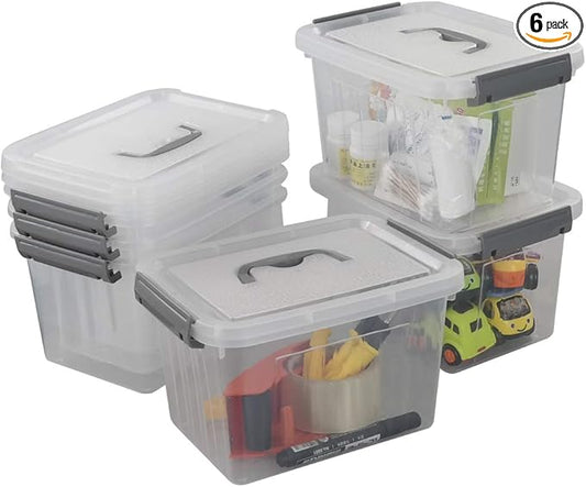 6-Pack Plastic Storage Box, 6 L Clear Storage Bins with Lid