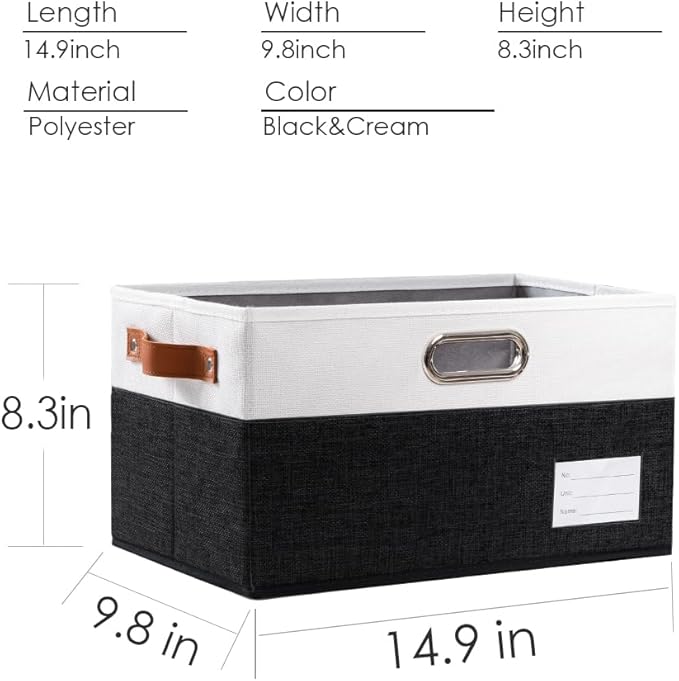 PRANDOM Foldable Storage Bins with Handles [3-Pack] Fabric Collapsible Storage Boxes Baskets Cubes Containers with Handles for Closet Living Room Bedroom (Black & White 14.9x9.8x8.3'')