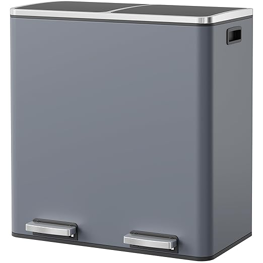 Arlopu 16 GallonStainless Steel Trash Can, 60L Dual Compartment, Metal Kitchen Step Recycle Bin, Metal Double Dustbin, in-Home Garbage Rubbish Can W/Removable Liner Buckets (Grey)