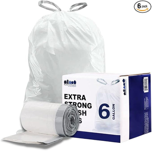 Plasticplace 6 Gallon Trash Bags, 0.7 Mil, White Drawstring Garbage Can Liners, 17" x 20" (100 Count) (Pack of 6)