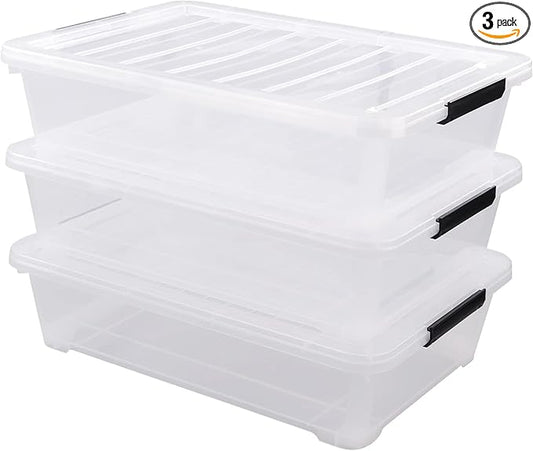 40 Quart Clear Plastic Underbed Storage Container, Wheeled Latching Storage Box for Shoes, Bags, Clothes, Set of 3