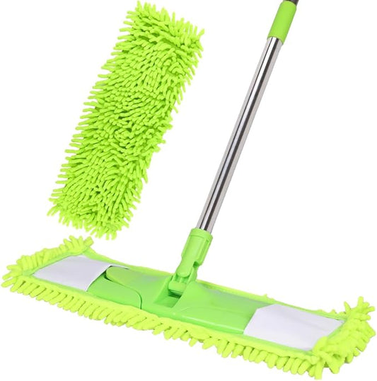 Dust Mop for Floor Cleaning with 2 Washable Chenille Pads and Extendable 58” Long Handle, Dry Wet Flat Mop with Scouring Pad for Hardwood, Laminate, Tile, Marble ，Green