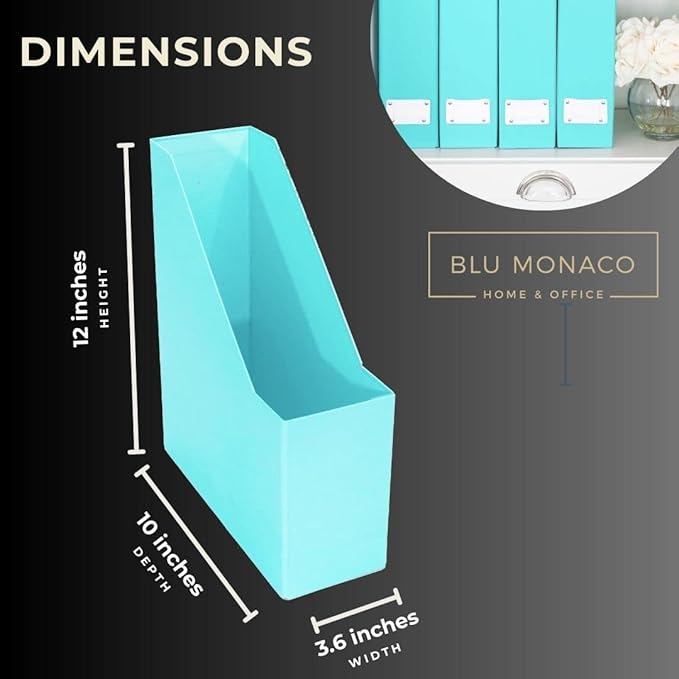 BLU MONACO Set of 6 Foldable Aqua Magazine File Holders with White Leather Label Holders – Cute Book Organizers for Desk, Classroom, Shelves, and Home Office