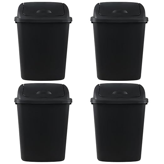 4 Pack 40 Liter Swing Lid Kitchen Garbage Can, Plastic Trash Can with Lid, Black