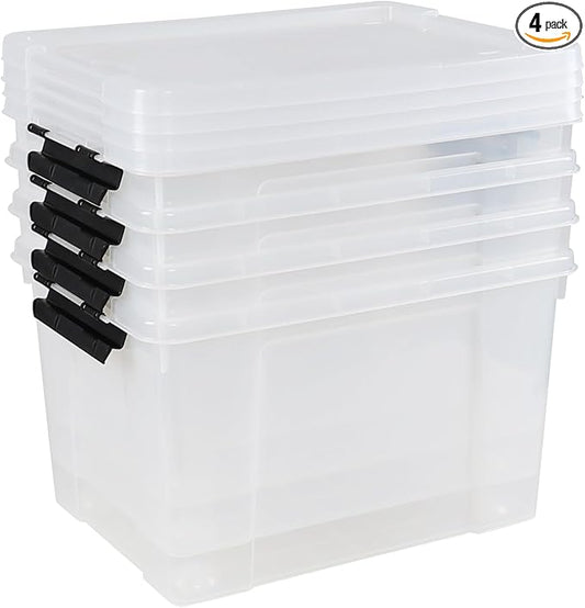 34 L Clear Plastic Storage Bins Box with Lid, Stackable Lidded Storage Bin Container with Wheels and Secure Latching Buckles, 4 Packs