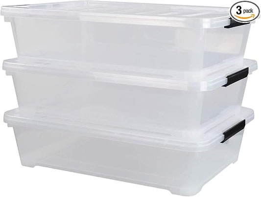 3-Pack Plastic Under Bed Storage Box Container, 40 Quart Clear Stackable Storage Box Wheeled Latching Box