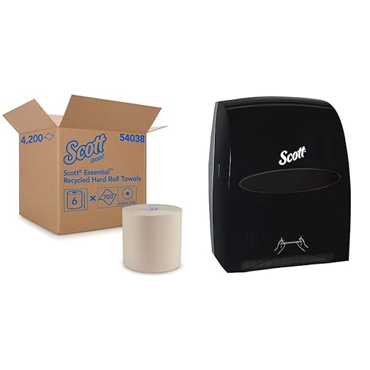 Scott Essential 100% Recycled Brown Roll Towel (54038), with Absorbency Pockets, Purple Core, 700'/Roll, 6 Rolls/Case, 4,200'/Case with Scott Essential Hard Roll Paper Towel Dispenser (Black)