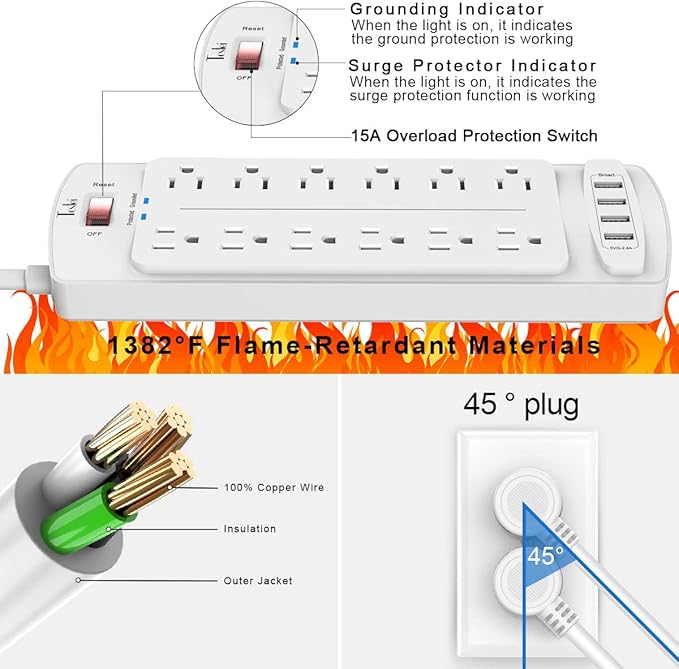 Power Strip, Tcstei Surge Protector with 12 Outlets and 4 USB Ports, 10 Feet Extension Cord (1875W/15A) for Home, Office, Dorm Essentials, 2700 Joules, ETL Listed, White