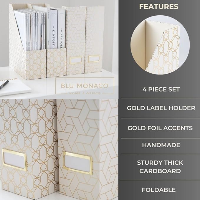 BLU MONACO Decorative Foldable Magazine Storage Boxes for Desk - Set of 4 Gold Magazine Holders with Cream Woven Design – Vintage Magazine File Organizer – Book Bins & Office Décor Storage Solution