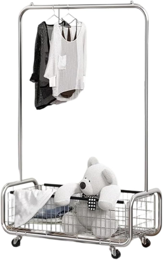 Garment Rack With Storage Baskets,Clothing Rack for Hanging Clothes, Multi-functional Bedroom Clothes Rack with Wheels for Bedroom, Living Room, Easy Assembly (40inch lenght)