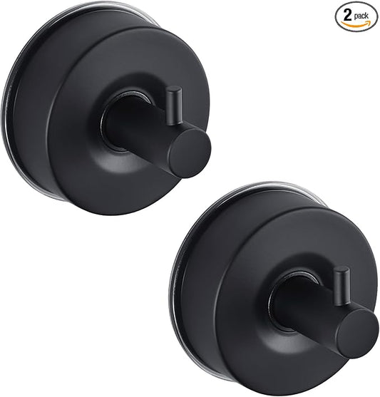 JOMOLA Stainless Steel Bathroom Suction Hooks - No Drill Adhesive-Free Wall Mount for Shower, Towel & Robe, Rustproof Metal Hardware with Damage-Free Grip, Matte Black (2-Pack)