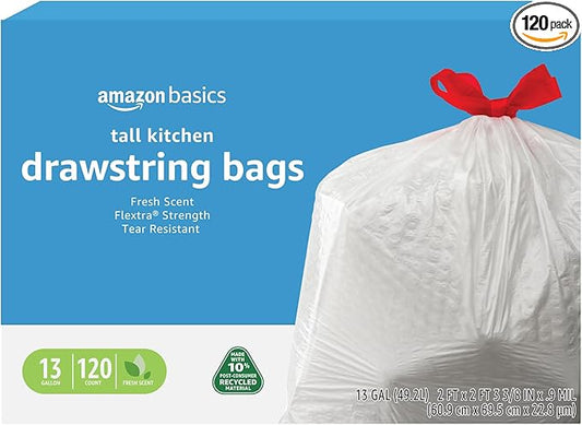 Amazon Basics 13 Gallon Flextra Strength Tall Kitchen Drawstring Trash Bags, Clean Fresh Scnet, Tear Resistant, 10% Post Consumer Recycled, 120 Count