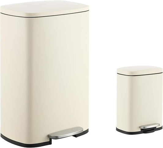 happimess HPM1006F Connor Rectangular 13-Gallon Trash Can with Soft-Close Lid and Free Mini Trash Can, Fingerprint Resistant, Modern, Minimalistic for Home, Kitchen, Office, Bathroom, Limestone Beige