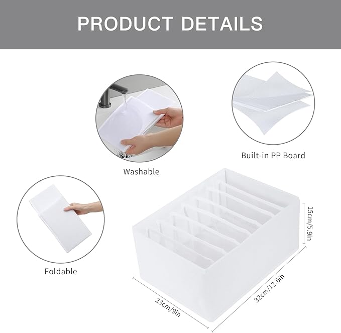Qozary 4 Pack Drawer Organizers for Clothing, 8 Grids Foldable Closet Organizers and Storage Bins for Bedroom, Dresser Organizer Boxes for Thin T-shirts, Tank Tops (White, Upgrade Height)