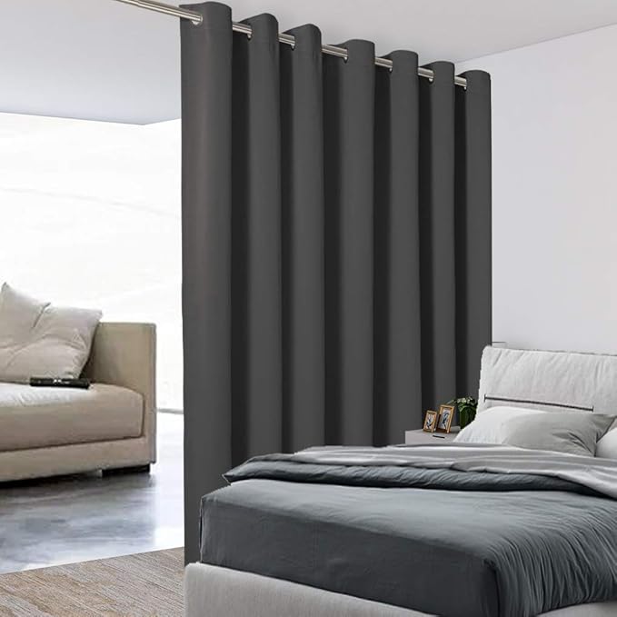 BONZER Extra Wide Room Divider Curtain Total Privacy Wall Grommet Top Thermal Insulated Blackout Curtains for Slide Window, 96L x 120W Inch (8L x 10W ft), 1 Panel, Dark Grey