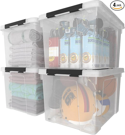 4-Pack 50 Quart Large Clear Storage Box, Plastic Storage Latch Bin