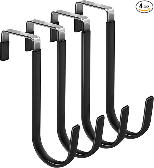 FYY Over the Door Hooks, 4 Pack Door Hangers Hooks with Rubber Prevent Scratches Heavy Duty Organizer Hooks for Living Room, Bathroom, Bedroom, Kitchen Hanging Clothes, Towels, Hats, Coats, Bags Black