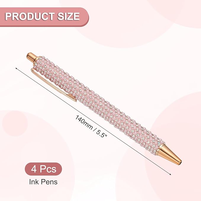 PATIKIL Rhinestone Metal Ballpoint Pen, 4 Pack Crystal Pearl Pens Black Ink 1.0mm Point Sparkly for Women Gift Office Note Taking Journaling, Pink