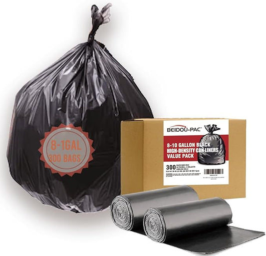 8-10 Gallon Trash Bags, 300 Count Black Garbage bags, Multi-purpose Trash Can Bin Liners for Bathroom, Office, Industrial, Commercial, Janitorial, Municipal, Recycling