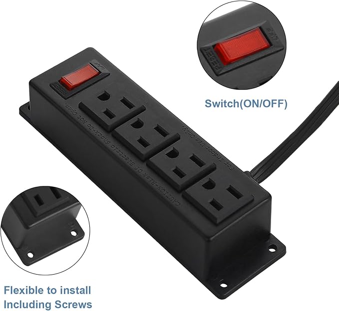 2Pack Wall Mount Power Outlet Strip, 4 Outlet Mountable Power Strip with Switch, Under Desk Power Strip Connect with 6ft Cord Mount Under Desk, Workbench, Nightstand, Dresser, Table.(Black)