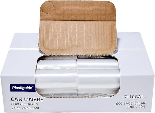 7-10 Gallon Clear Trash Can Liners, 24'' x 24'', Wholesale 1000 Count, High Density Garbage Bags for Office, Bathroom, Commercial and Industrial Use