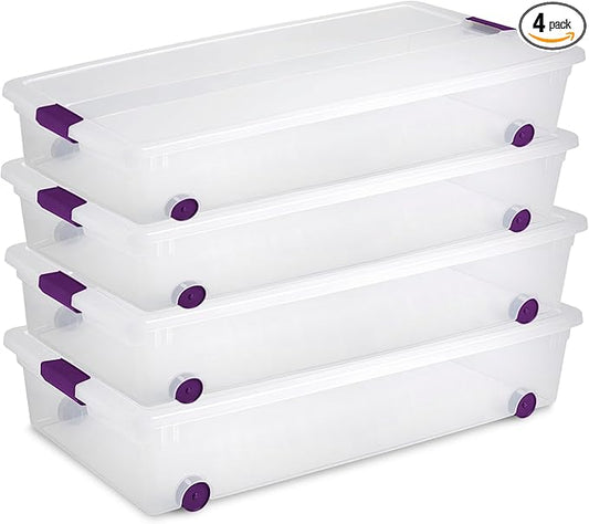 Sterilite 4-Pack 60 Quart ClearView Latch Box, Wheeled Underbed Organizer Bins with Latching Lids - Clear Plastic Organization Containers for Closet, Bedroom, Shelving Units and Everyday Home Storage