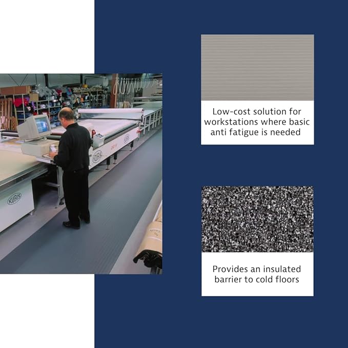 Notrax 410 Airug® 2' x 60' x 3/8" Anti Fatigue Mat, Enhanced Slip Resistance with Beveled Edges and Ribbed Surface, Ideal for Industrial and Commercial Workplaces, Gray, 410R0324GY