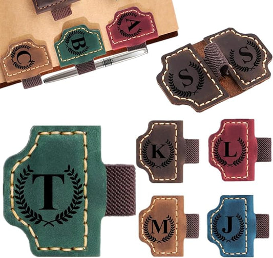 Custom Bookmark with Pen Holder with 26 Letters Personalized Magnetic Leather Book Mark, Customized Name Book Marker Clip with Initial for Men Women, Gifts for Book Lovers, Readers, (Green, T)