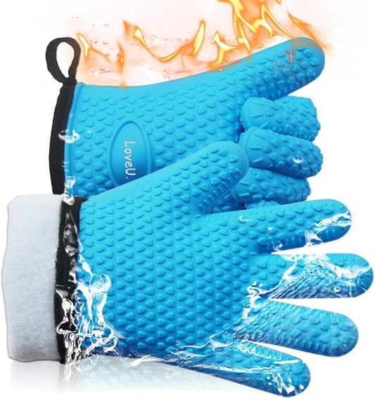 Kitchen Oven Gloves - Dual-Layer Heat Resistant Grilling Gloves, Silicone Oven Mitts with 5 Fingers, Waterproof Non-Slip Pot Holder for Barbecue, Cooking, Baking (XL-XXXL, Blue)