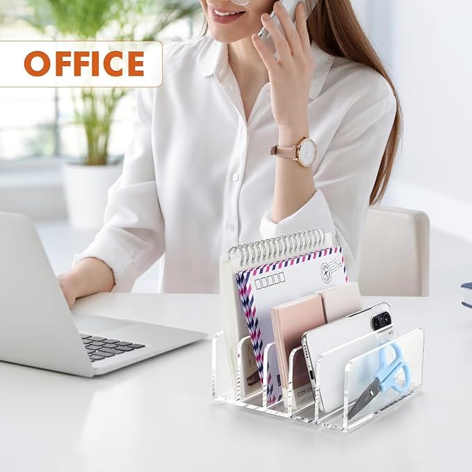 BEYGORM Acrylic Mail Holder, Clear Multifunction Desk Organizer with Divider, Vertical Letter Sorter for Desktop, 5 Compartments Modern Office Home Envelope Organizer for Bill, Document, Notebook
