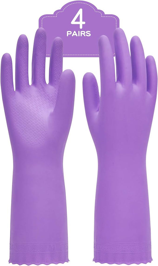 PACIFIC PPE 4 Pairs Reusable Dishwashing Cleaning Gloves with Latex Free, Cotton Lining, Kitchen Gloves, Purple, Large