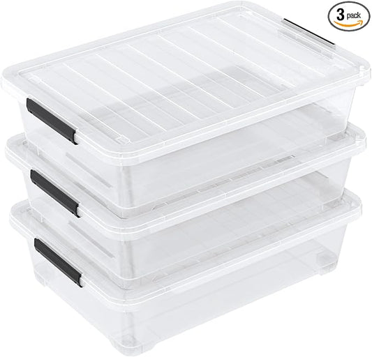 Set of 3 42 L Clear Plastic Under The Bed Storage Bins, Underbed Box with Latching Lid and Wheels, Flat Container for Dormitory, Apartment, Attic
