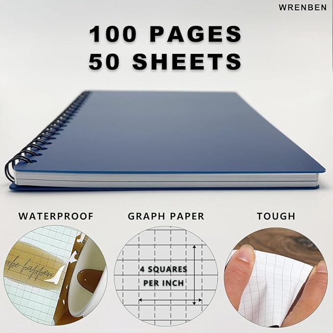 2PCS Waterproof Spiral Notebooks with Stone Paper and PVC Cover, Graph Pattern Weatherproof Notepad 100 Pages, Medium Size All-Weather Steno Pads for Outdoor Field (4.8"x7", Blue)