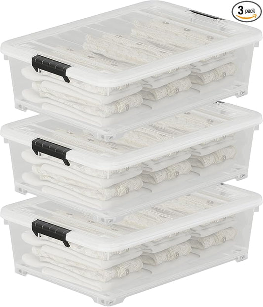 52 Quart Large Plastic Underbed Latching Storage Box, Clear Wheeled Under Bed Storage Bins, 3 Packs