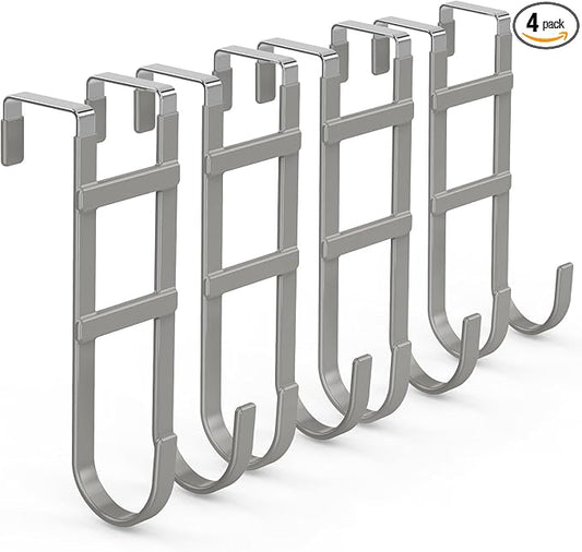 FYY Over The Door Hooks - 4 Pack Heavy Duty Dual-Hook Organizer Hanger with Non-Slip Rubber for Towels, Clothes, Hats & Bags Use in Bathroom, Bedroom, Kitchen - Fits Interior Doors Up to 1.6" Grey