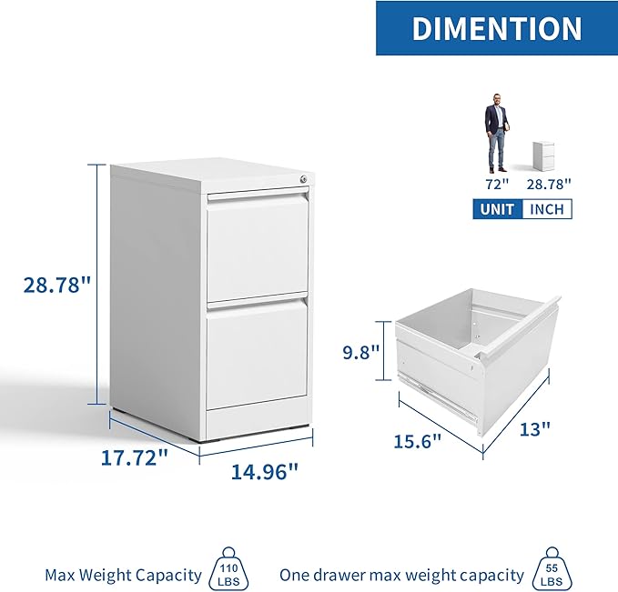 2 Drawer File Cabinet for Home Office, Vertical File Cabinet with Lock, Locking File Cabinet Hanging Files for A4/ Legal/Letter, Require Assembly, White