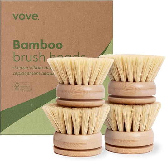 Vove Bamboo Dish Brush Replacement Heads, 4 Pack - FSC-Certified Bamboo - Natural Fiber Bristles - Compatible with Vove Dish Brush - Non-Toxic, Plastic-Free