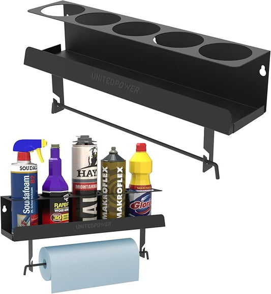UNITEDPOWER 5 Aerosol Spray Can/Paper Towel Holder, Paint Bottle Storage Rack, Steel Wall Mount Shelf, Tool Organizer for Garage, Craft Workspace and Home