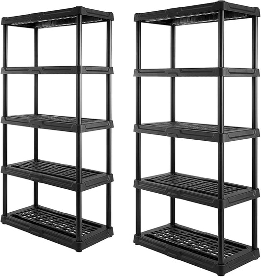 CX 5-Tier (72”H x 36”W x 18”D) Plastic Storage Shelving Unit (Black) 2 Pack, Heavy Duty, 150lbs Per Shelf Capacity, Indoor/Outdoor Storage Organization in Home, Garage, Office, Easy Assembly