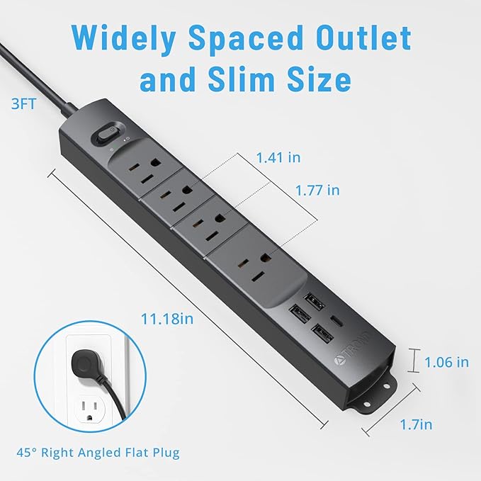 TROND Surge Protector Power Strip with USB, Ultra Thin Flat Plug 3ft Extension Cord 1625W, 3 USB A & 1 Type C, 4 AC Outlets 1440J Surge Protection, ETL Listed, Wall Mount for Home Office Dorm, Black