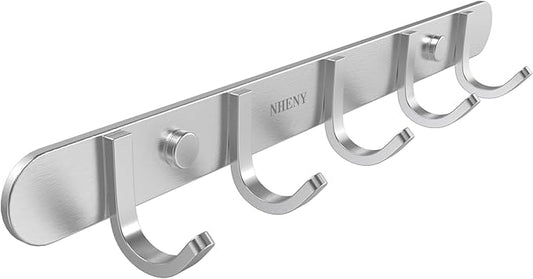 Coat Hook Rack Hanger –Towel Hook Rail with 5 Hooks 13-Inch Wall Mounted for Bedroom, Bathroom, Hallway, Garage, Garden, Office, 304 Stainless Steel Brushed Nickel, Easy Installation (Silver)