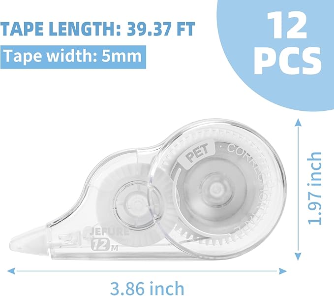 12 Pcs 39.4 Ft Correction Tape, Tear-Resistant Tape Bulk for School, Office, Note Taking, Journal (Tape Width 0.2 in, Clear)