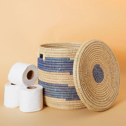 Storage & Organization - Laundry Basket, Bedroom Hamper, Nursery Toys Bin, Living Room Blankets Storage, Decorative, Wicker, Sturdy, Round, Handles, Woven, Blue Beige (Small)
