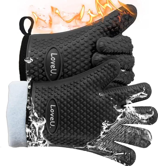 Kitchen Oven Gloves - Dual-Layer Heat Resistant Grilling Gloves, Silicone Oven Mitts with 5 Fingers, Waterproof Non-Slip Pot Holder for Barbecue, Cooking, Baking (XL-XXXL, Black)